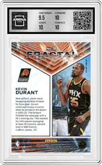 Kevin Durant from the 2023-24 Panini Prizm set featuring a Fast Break parallel graded by Arena Club and given an overall grade of 10.