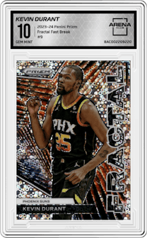 Kevin Durant from the 2023-24 Panini Prizm set featuring a Fast Break parallel graded by Arena Club and given an overall grade of 10.