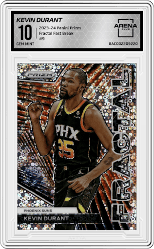 Kevin Durant from the 2023-24 Panini Prizm set featuring a Fast Break parallel graded by Arena Club and given an overall grade of 10.