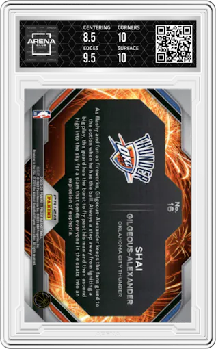 Shai Gilgeous-Alexander from the 2023-24 Panini Prizm set featuring a Silver Prizm parallel graded by Arena Club and given an overall grade of 9.