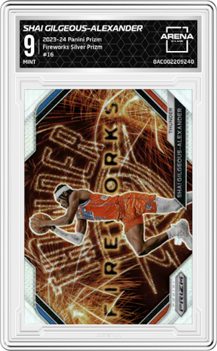 Shai Gilgeous-Alexander from the 2023-24 Panini Prizm set featuring a Silver Prizm parallel graded by Arena Club and given an overall grade of 9.