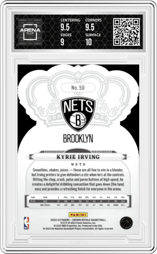 Kyrie Irving from the 2022-23 Panini Crown Royale set featuring a Crystal parallel graded by Arena Club and given an overall grade of 9.5.