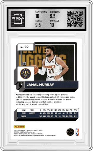 Jamal Murray from the 2022-23 Panini Donruss set featuring a Choice Blue parallel graded by Arena Club and given an overall grade of 10.