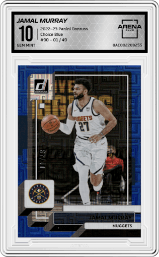 Jamal Murray from the 2022-23 Panini Donruss set featuring a Choice Blue parallel graded by Arena Club and given an overall grade of 10.