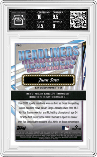 Juan Soto from the 2023 Topps Finest set featuring a Kintsukuroi Black/Gold parallel graded by Arena Club and given an overall grade of 9.5.