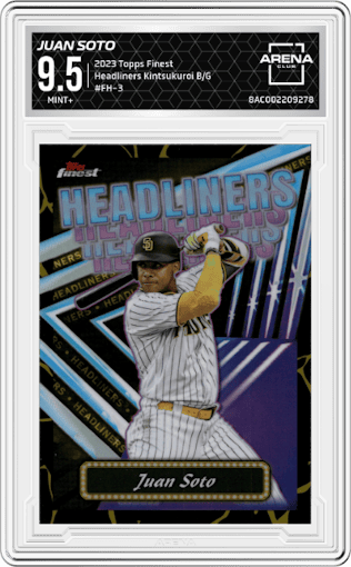 Juan Soto from the 2023 Topps Finest set featuring a Kintsukuroi Black/Gold parallel graded by Arena Club and given an overall grade of 9.5.