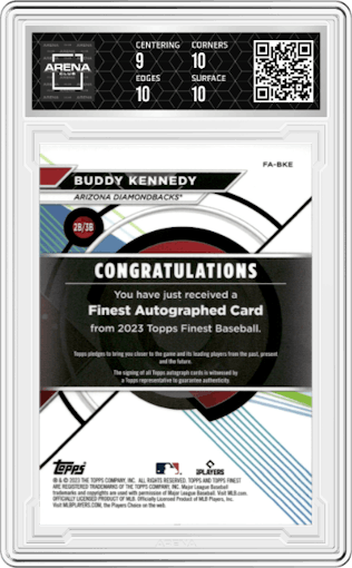 Buddy Kennedy from the 2023 Topps Finest set featuring a Blue Refractor parallel graded by Arena Club and given an overall grade of 9.5.