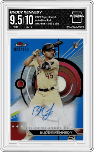 Buddy Kennedy from the 2023 Topps Finest set featuring a Blue Refractor parallel graded by Arena Club and given an overall grade of 9.5.