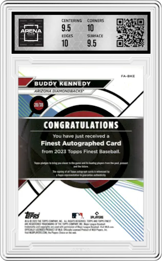 Buddy Kennedy from the 2023 Topps Finest set featuring a Green Wave Refractor parallel graded by Arena Club and given an overall grade of 10.