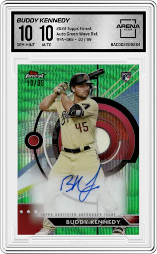Buddy Kennedy from the 2023 Topps Finest set featuring a Green Wave Refractor parallel graded by Arena Club and given an overall grade of 10.