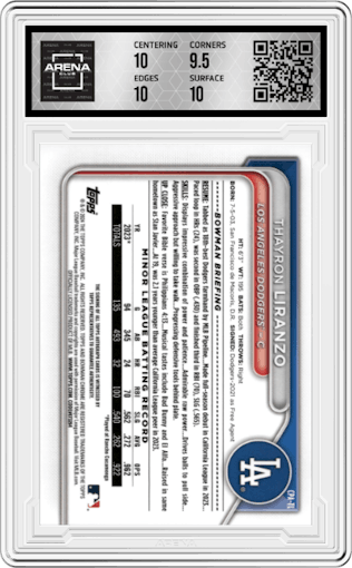 Thayron Liranzo from the 2024 Bowman Chrome set graded by Arena Club and given an overall grade of 10.