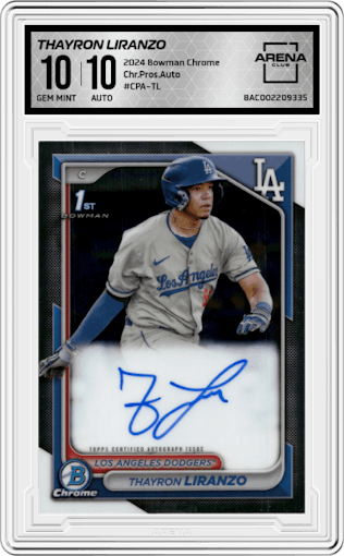 Thayron Liranzo from the 2024 Bowman Chrome set graded by Arena Club and given an overall grade of 10.