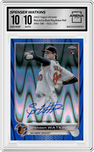 Spenser Watkins from the 2022 Topps Chrome set featuring a Blue RayWave Refractor parallel graded by Arena Club and given an overall grade of 10.