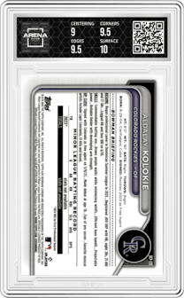 Aldalay Kolokie from the 2024 Bowman Chrome set featuring a Purple Shimmer Refractor parallel graded by Arena Club and given an overall grade of 9.5.