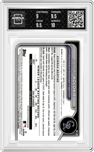 Aldalay Kolokie from the 2024 Bowman Chrome set featuring a Purple Shimmer Refractor parallel graded by Arena Club and given an overall grade of 9.5.