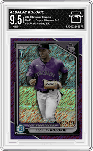 Aldalay Kolokie from the 2024 Bowman Chrome set featuring a Purple Shimmer Refractor parallel graded by Arena Club and given an overall grade of 9.5.