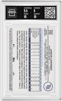 Junior Caminero from the 2024 Topps Chrome set featuring a Refractor parallel graded by Arena Club and given an overall grade of 9.5.