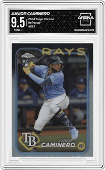 Junior Caminero from the 2024 Topps Chrome set featuring a Refractor parallel graded by Arena Club and given an overall grade of 9.5.