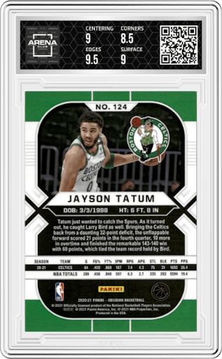Jayson Tatum from the 2020-21 Panini Obsidian set featuring a Electric Etch Green Flood parallel graded by Arena Club and given an overall grade of 9.