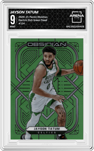 Jayson Tatum from the 2020-21 Panini Obsidian set featuring a Electric Etch Green Flood parallel graded by Arena Club and given an overall grade of 9.