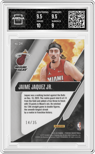 Jaime Jaquez Jr. from the 2023-24 Panini Phoenix set featuring a Yellow parallel graded by Arena Club and given an overall grade of 9.5.