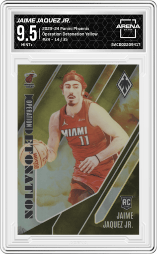 Jaime Jaquez Jr. from the 2023-24 Panini Phoenix set featuring a Yellow parallel graded by Arena Club and given an overall grade of 9.5.