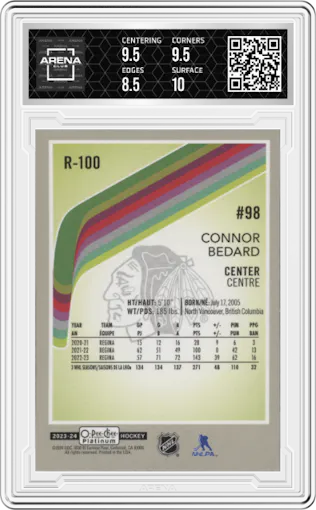 Connor Bedard from the 2023-24 O-Pee-Chee Platinum set graded by Arena Club and given an overall grade of 9.