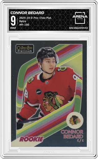 Connor Bedard from the 2023-24 O-Pee-Chee Platinum set graded by Arena Club and given an overall grade of 9.