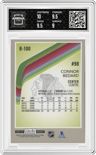 Connor Bedard from the 2023-24 O-Pee-Chee Platinum set graded by Arena Club and given an overall grade of 9.5.