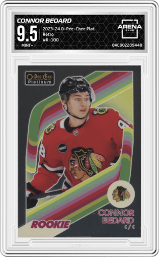 Connor Bedard from the 2023-24 O-Pee-Chee Platinum set graded by Arena Club and given an overall grade of 9.5.