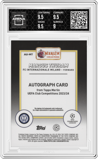 Marcus Thuram from the 2023-24 Topps Merlin UEFA Club Competitions set featuring a Blue Refractor parallel graded by Arena Club and given an overall grade of 9.5.