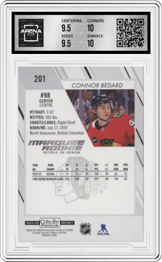Connor Bedard from the 2023-24 O-Pee-Chee Platinum set graded by Arena Club and given an overall grade of 10.