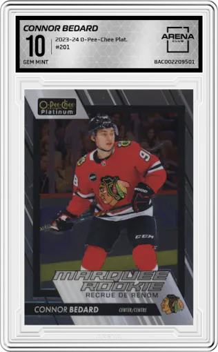 Connor Bedard from the 2023-24 O-Pee-Chee Platinum set graded by Arena Club and given an overall grade of 10.