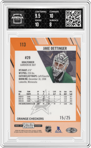 Jake Oettinger from the 2023-24 O-Pee-Chee Platinum set featuring a Orange Checkers parallel graded by Arena Club and given an overall grade of 8.5.