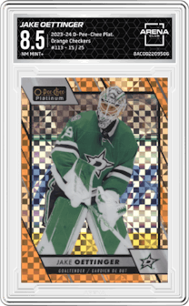 Jake Oettinger from the 2023-24 O-Pee-Chee Platinum set featuring a Orange Checkers parallel graded by Arena Club and given an overall grade of 8.5.