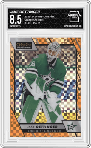 Jake Oettinger from the 2023-24 O-Pee-Chee Platinum set featuring a Orange Checkers parallel graded by Arena Club and given an overall grade of 8.5.