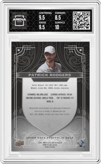 Patrick Rodgers from the 2024 Upper Deck Portfolio set featuring a Black parallel graded by Arena Club and given an overall grade of 9.