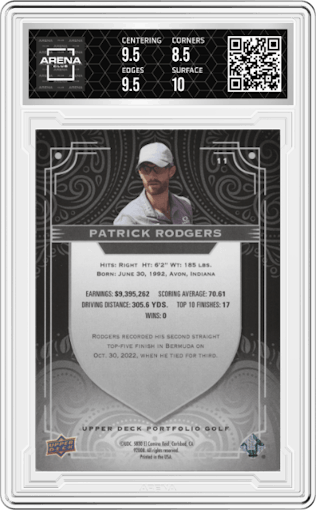 Patrick Rodgers from the 2024 Upper Deck Portfolio set featuring a Black parallel graded by Arena Club and given an overall grade of 9.