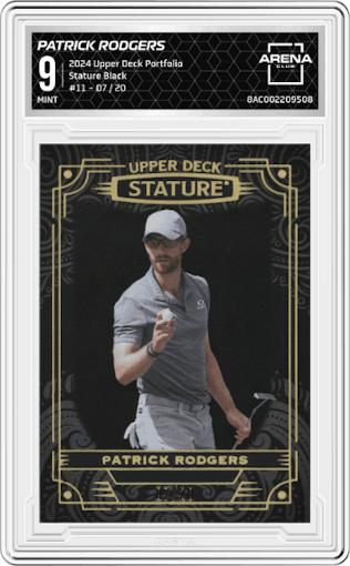 Patrick Rodgers from the 2024 Upper Deck Portfolio set featuring a Black parallel graded by Arena Club and given an overall grade of 9.