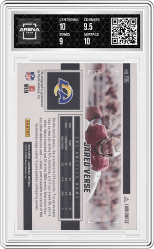 Jared Verse from the 2024 Panini Luminance set graded by Arena Club and given an overall grade of 9.5.