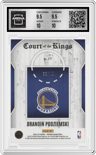 Brandin Podziemski  from the 2023-24 Panini Phoenix set featuring a Orange parallel graded by Arena Club and given an overall grade of 10.