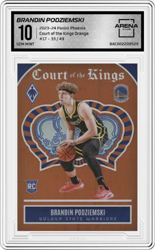 Brandin Podziemski  from the 2023-24 Panini Phoenix set featuring a Orange parallel graded by Arena Club and given an overall grade of 10.