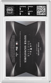 Evan Carter from the 2024 Topps Five Star set featuring a Blue parallel graded by Arena Club and given an overall grade of 7.5.