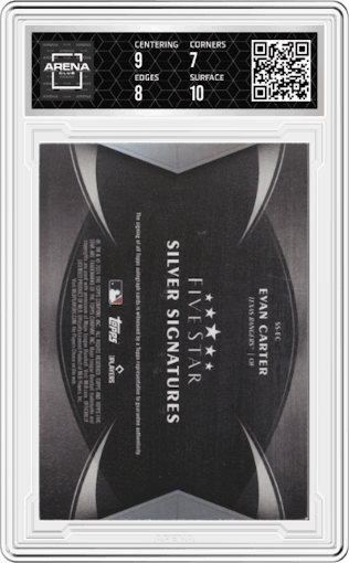 Evan Carter from the 2024 Topps Five Star set featuring a Blue parallel graded by Arena Club and given an overall grade of 7.5.