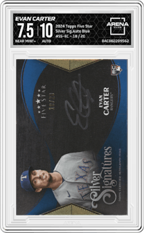 Evan Carter from the 2024 Topps Five Star set featuring a Blue parallel graded by Arena Club and given an overall grade of 7.5.
