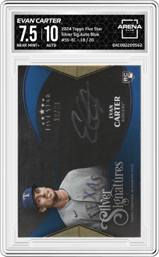 Evan Carter from the 2024 Topps Five Star set featuring a Blue parallel graded by Arena Club and given an overall grade of 7.5.