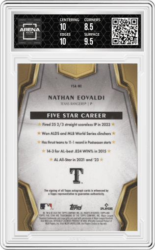 Nathan Eovaldi from the 2024 Topps Five Star set graded by Arena Club and given an overall grade of 9.