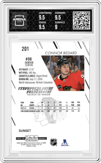 Connor Bedard from the 2023-24 O-Pee-Chee Platinum set featuring a Sunset parallel graded by Arena Club and given an overall grade of 9.5.