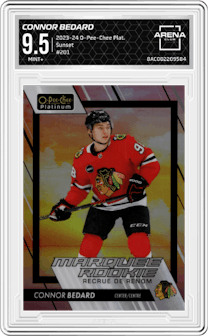 Connor Bedard from the 2023-24 O-Pee-Chee Platinum set featuring a Sunset parallel graded by Arena Club and given an overall grade of 9.5.