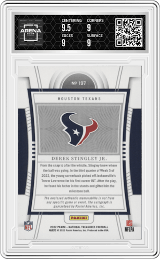 Derek Stingley Jr. from the 2022 Panini National Treasures set featuring a Holo Silver parallel graded by Arena Club and given an overall grade of 9.